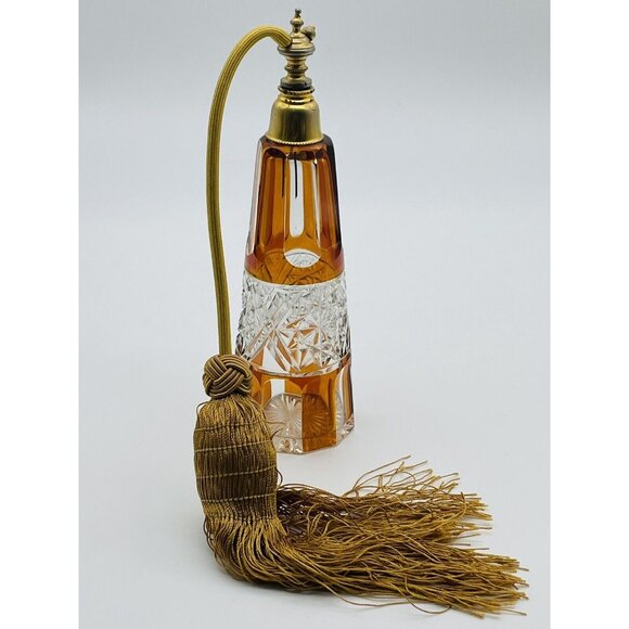 Vtg Cut To Clear Amber Crystal Glass Perfume Bottle Atomizer - Picture 4 of 9